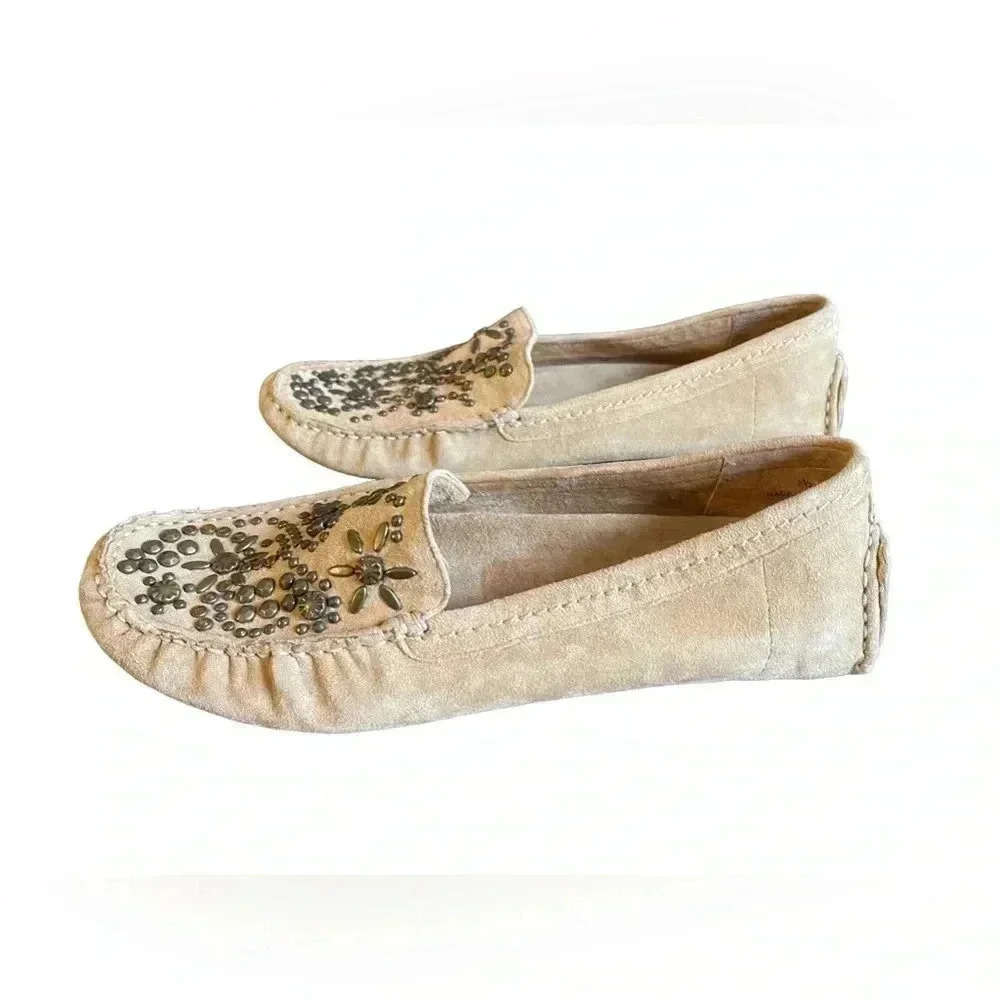Beverly Feldman Tan Suede Studded Loafers 7.5 - Picture 2 of 8